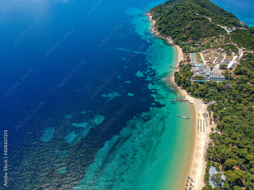 Aerial view over Koukounaries beach in Skiathos island, Sporades, Magnesia, Greece