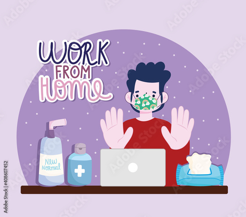 new normal lifestyle, work from home, boy with mask laptop and hand sanitizer cartoon style