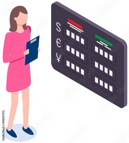 Woman working with bankbook and cash in bank. Desk at foreign office. Exchange rate board concept. Businesswoman holding clipboard with blank white paper. Female character works in currency exchange