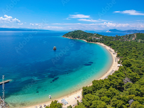 Aerial view over Koukounaries beach in Skiathos island, Sporades, Magnesia, Greece © panosk18
