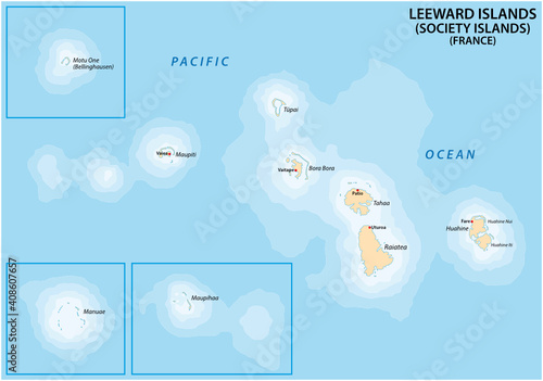 Map of the French Polynesian Archipelago Leeward Islands (Society Islands), France