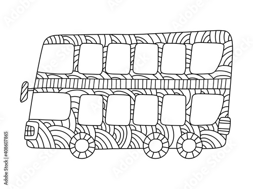 Double-decker bus coloring page for kids and adults stock vector illustration. Funny horizontal bus zen art black outline isolated on white. Stylized public transport black and white illustration