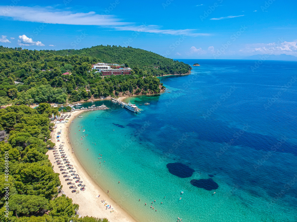 Obraz premium Aerial view over Koukounaries beach in Skiathos island, Sporades, Magnesia, Greece