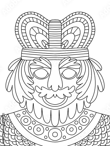 Funny smiling king coloring page for kids and adults vector. Cartoon king with crown, mustache, beard and chain mail symmetry coloring page. Fairy tale king or prince black outline isolated on white