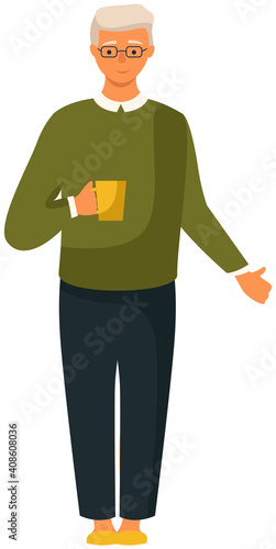Smiling elderly man wearing a sweater and a shirt standing at full height with a cup of coffee in hand isolated on white background. Adult male person cector character with gray hair and glasses
