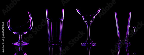 A set of images of glass vases and bowls on a black background with creative lighting.