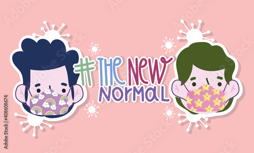 new normal lifestyle, men with mask and hashtag the new normal, cartoon style
