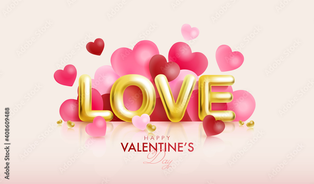 Happy Valentine's day design. Seasonal marketing design greeting card with golden love alphabet and heart shaped Balloons on pink background. 3D vector illustration