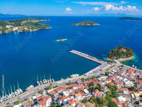 Aerial panoramic view over Chora town in Skiathos island, Sporades, Magnesia, Greece