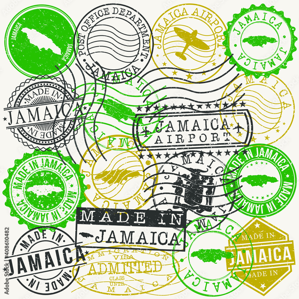 Jamaica Set of Stamps. Travel Passport Stamps. Made In Product. Design Seals in Old Style Insignia. Icon Clip Art Vector Collection.