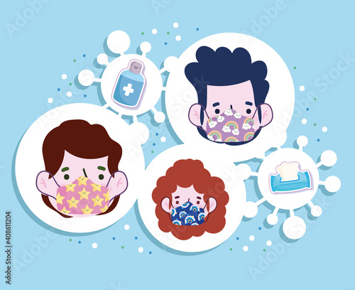 new normal lifestyle, people faces with masks, coronavirus covid 19 cartoon style