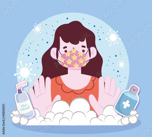 new normal lifestyle, woman with mask disinfectant spray and sanitizer cartoon style
