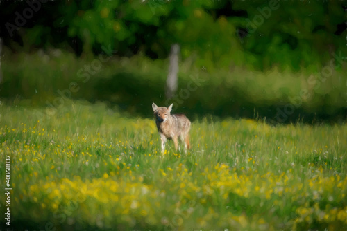Coyote in field walking forward