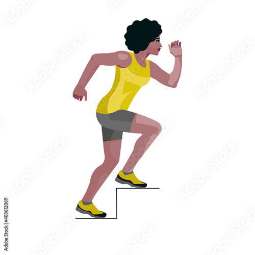 Figure in profile of a black girl running upstairs