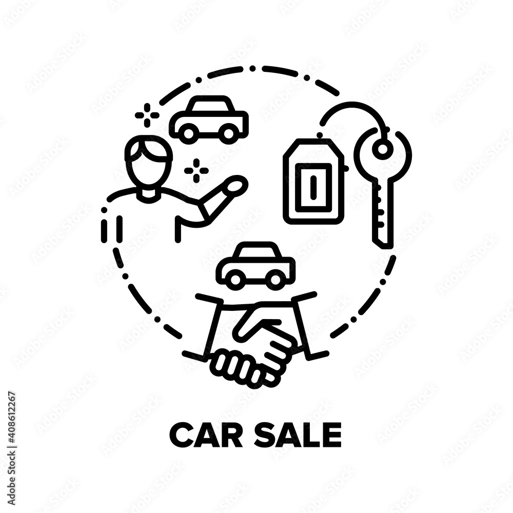 Car Sale And Buy Vector Icon Concept. Car Selling Deal Customer With Dealer In Dealership Office, Happy Client Owner Getting Keys From New Vehicle. Transport Market Black Illustration