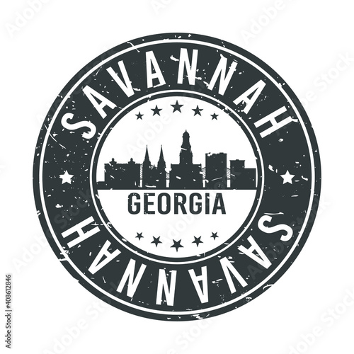 Savannah Georgia Skyline. Round Postmark Icon City Design. Vector Landmark Travel.