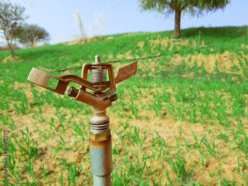 metallic sprinkler closed or without water agricultural irrigation concept