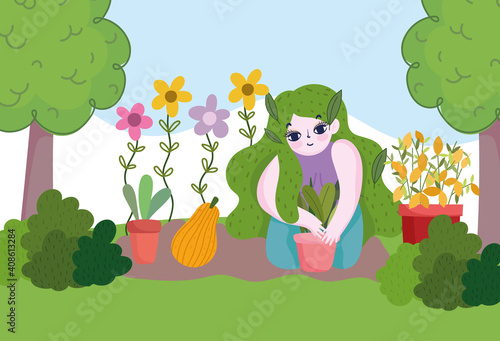 Gardening, girl working in garden or farm with plants and pumpkin