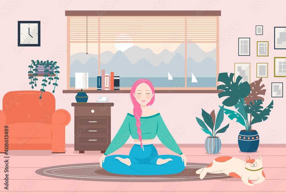 Girl doing yoga at home with a beautiful view outside the window. Get relaxation at home. Female character sitting on the floor in the lotus position. Keep calm and enjoy meditation. Modern interior. Girl doing yoga at home with a beautiful view outside the window. Get relaxation at home. Female character sitting on the floor in the lotus position. Keep calm and enjoy meditation. Modern interior.