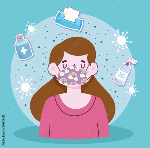 new normal lifestyle, girl with mask alcohol bottle and tissue paper cartoon style
