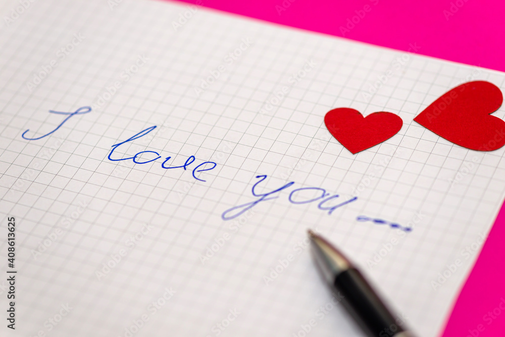 love letter, pen and envelote vith little paper hearts on pink background love letter, pen and envelote vith little paper hearts on pink background