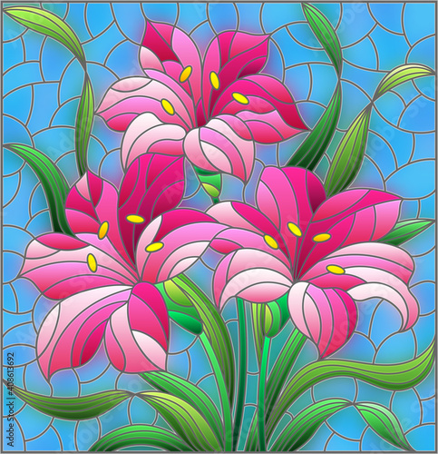 Illustration in stained glass style with flowers and leaves  of lilies flowers on a blue background