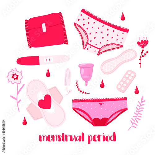 menstrual period. flat cartoon set with tampons, pads, uterus and flowers. Feminine hygiene