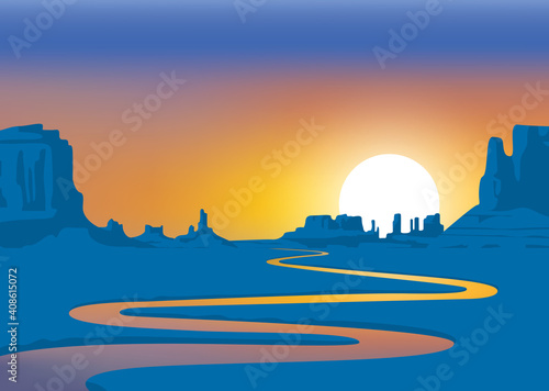 Vector landscape with desert valley  mountains and winding river at sunrise or sunset. Decorative background on the theme of the Wild West nature. Western scenery illustration