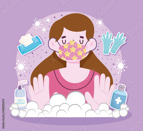 new normal lifestyle, woman with mask gloves tissue paper alcohol sanitizer, covid 19 protection