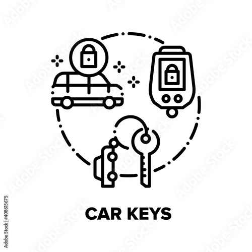 Car Keys Trinket Vector Icon Concept. Vehicle Keys With Alarm Security System, Electronic Remote Control For Lock And Unlock Automobile Door, Start Engine Driver Tool Black Illustration