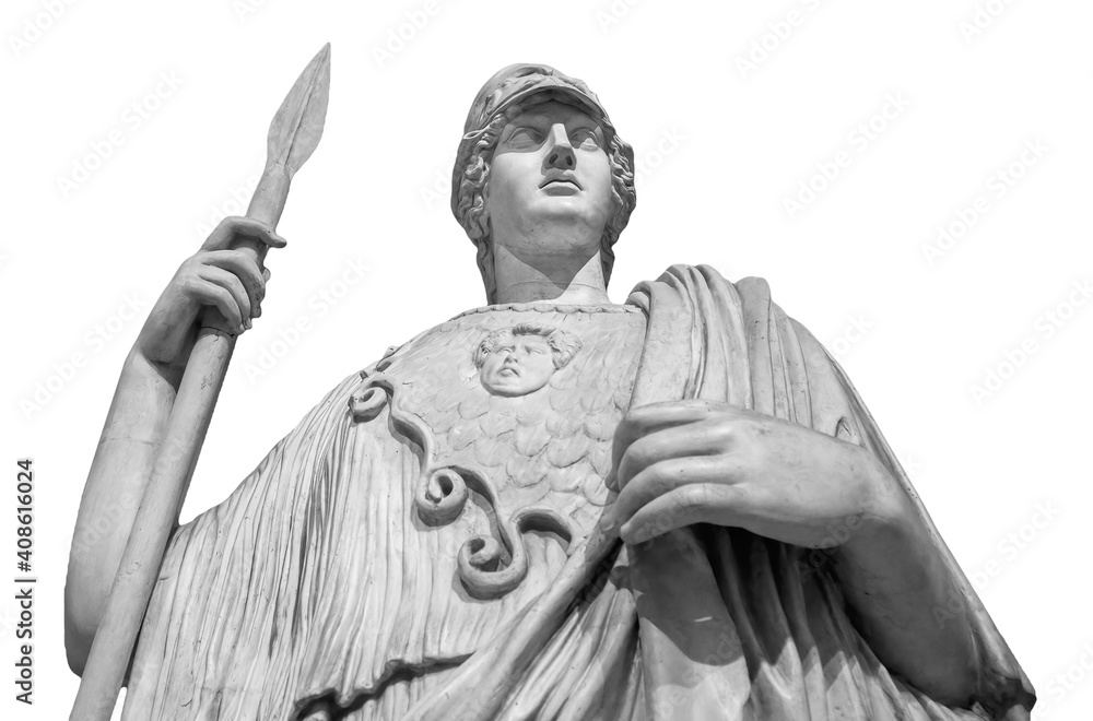 Obraz premium Ancient Greek Roman statue of goddess Athena god of wisdom and the arts historical sculpture isolated on white. Marble woman in helmet sculpture