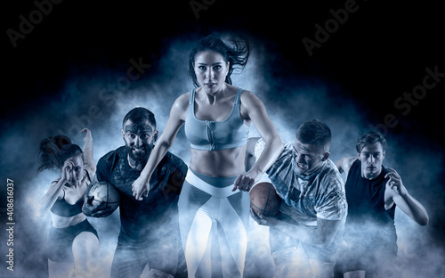 Sport collage. Runners man and woman on smoke background. Sports banner