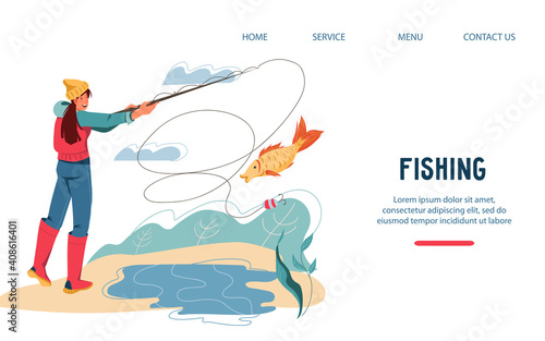 Website template for fishing leisure activity with fisher female cartoon character, flat vector illustration. Fishery and camping hobby, active recreation in nature concept of web page interface.