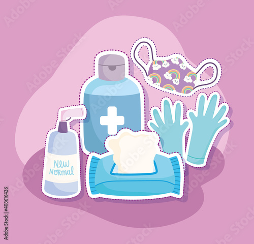 new normal lifestyle, disinfectant kit tissue paper gloves mask and disinfectant spray cartoon style