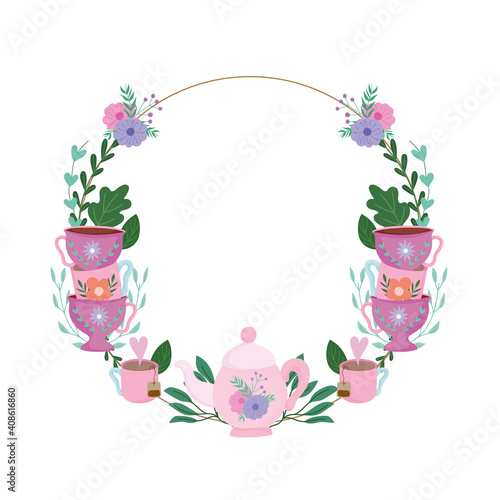 Tea time, floral wreath cups decoration flowers and leaves