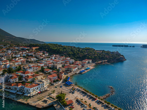 Aerial view of the beautiful seaside city of Pilos located in western Messenia, Greece © panosk18