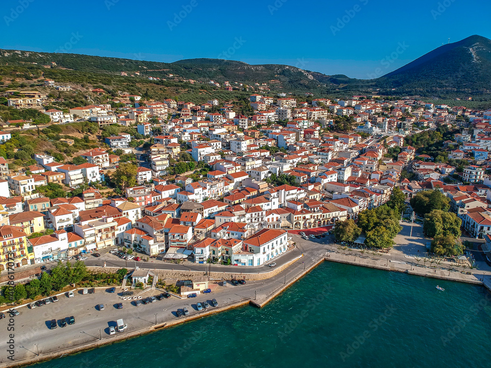 Aerial view of the beautiful seaside city of Pilos located in western Messenia, Greece