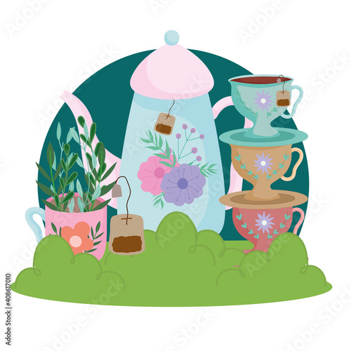 Tea time cute kettle cups dishes teabag flowers and leaves nature