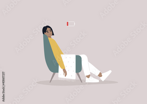 A young female exhausted character sitting in a chair with a low battery indicator above photo