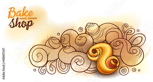 Buns and pastries hand drawn vector doodle colorful illustration