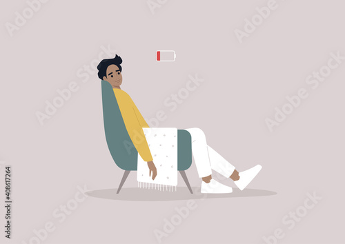 A young male exhausted character sitting in a chair with a low battery indicator above