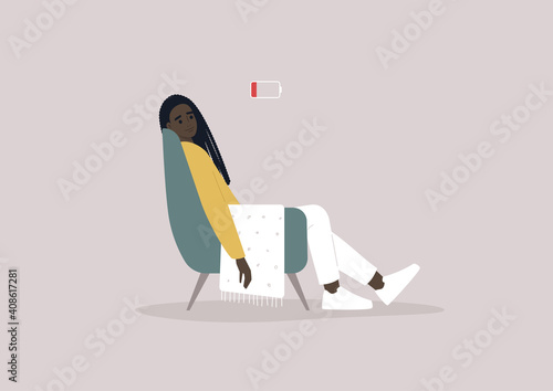 A young female Black exhausted character sitting in a chair with a low battery indicator above
