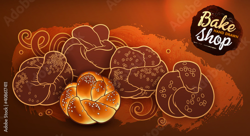 Buns and pastries hand drawn vector doodle colorful illustration