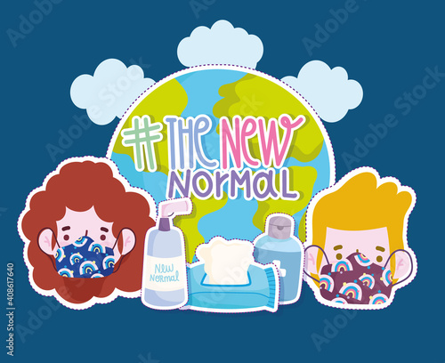 new normal lifestyle, boy girl with masks tissue paper sanitizer hand and planet cartoon style