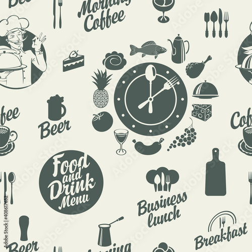 Seamless pattern on the food and drink theme with various dishes, drinks and inscriptions on a light backdrop. Monochrome vector background in retro style. Great for wallpaper, wrapping paper, fabric