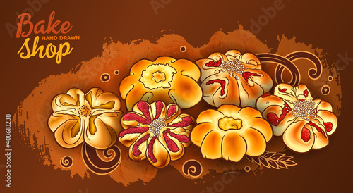 Buns and pastries hand drawn vector doodle colorful illustration. Bakery objects and elements cartoon horizontal background.
