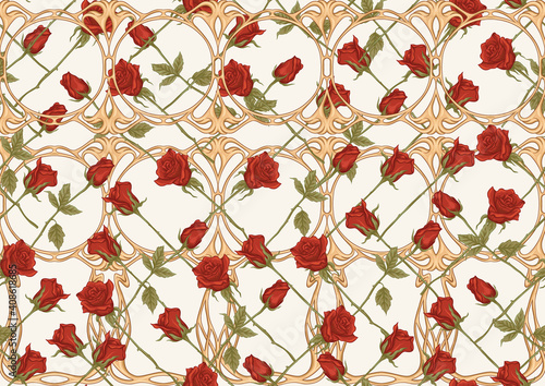 Fototapeta Vintage roses seamless pattern, background in art nouveau style, old, retro style