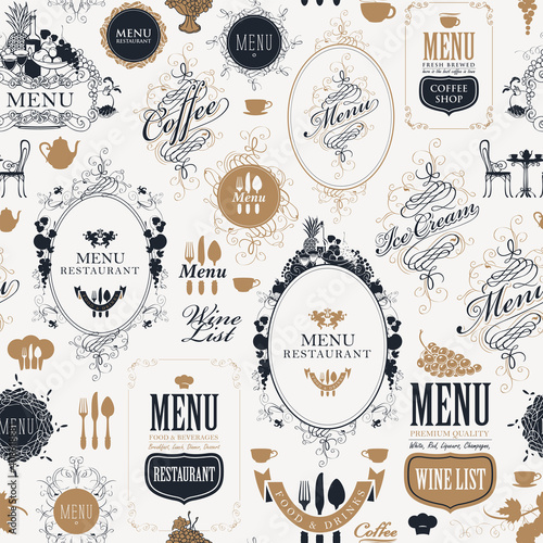 Seamless pattern on the theme of restaurant or cafe menu in retro style. Repeating vector background with vintage ornate frames with curlicues, fruits, inscriptions and elegant design elements