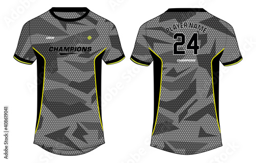 Camouflage Sports t-shirt jersey design concept vector template, sports jersey concept with front and back view for Soccer, Cricket, Football, Volleyball, Rugby, tennis, badminton and e sports uniform