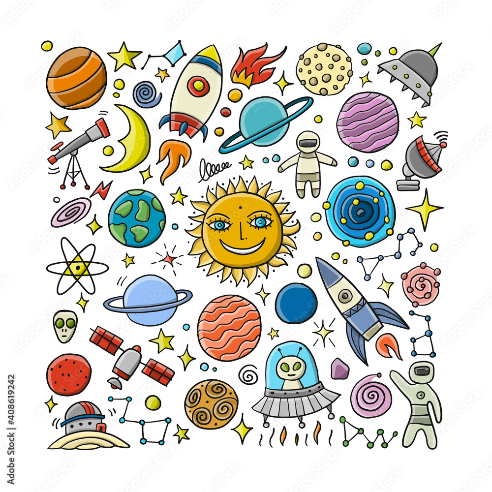 Space Background. Planets of the solar system. Rockets and astronauts